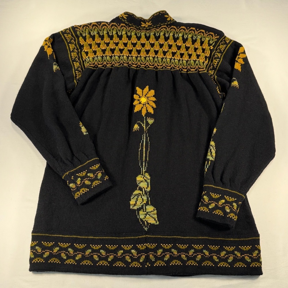 Maureen Goldie Design Scotland Black Floral Fair Isle Smocked Cardigan Sweater - Picture 6 of 11